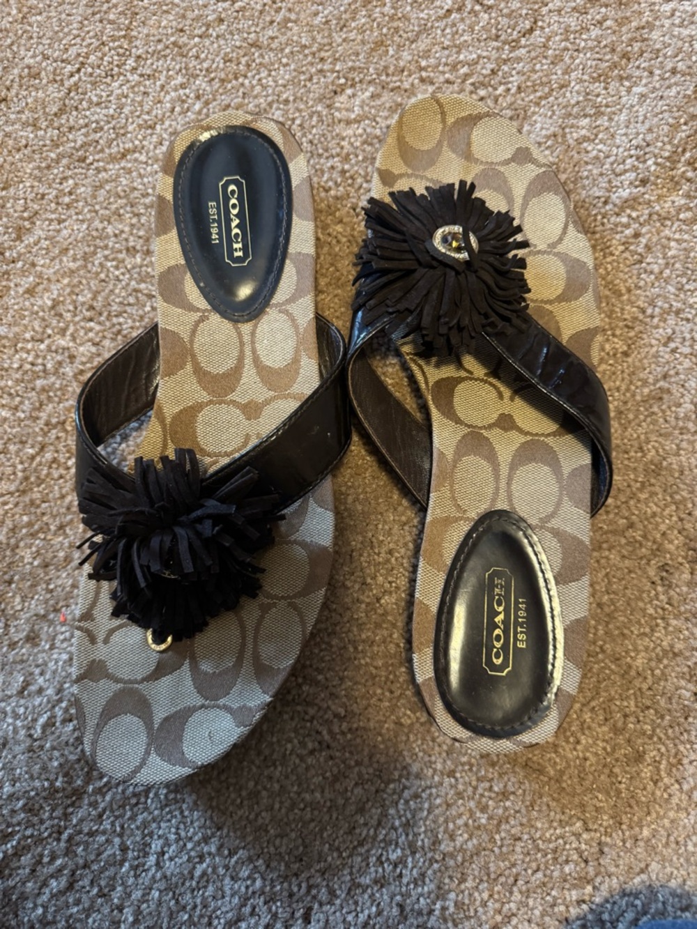 Coach Signature Canvas Slide flip flops in Brown with Pom Detail